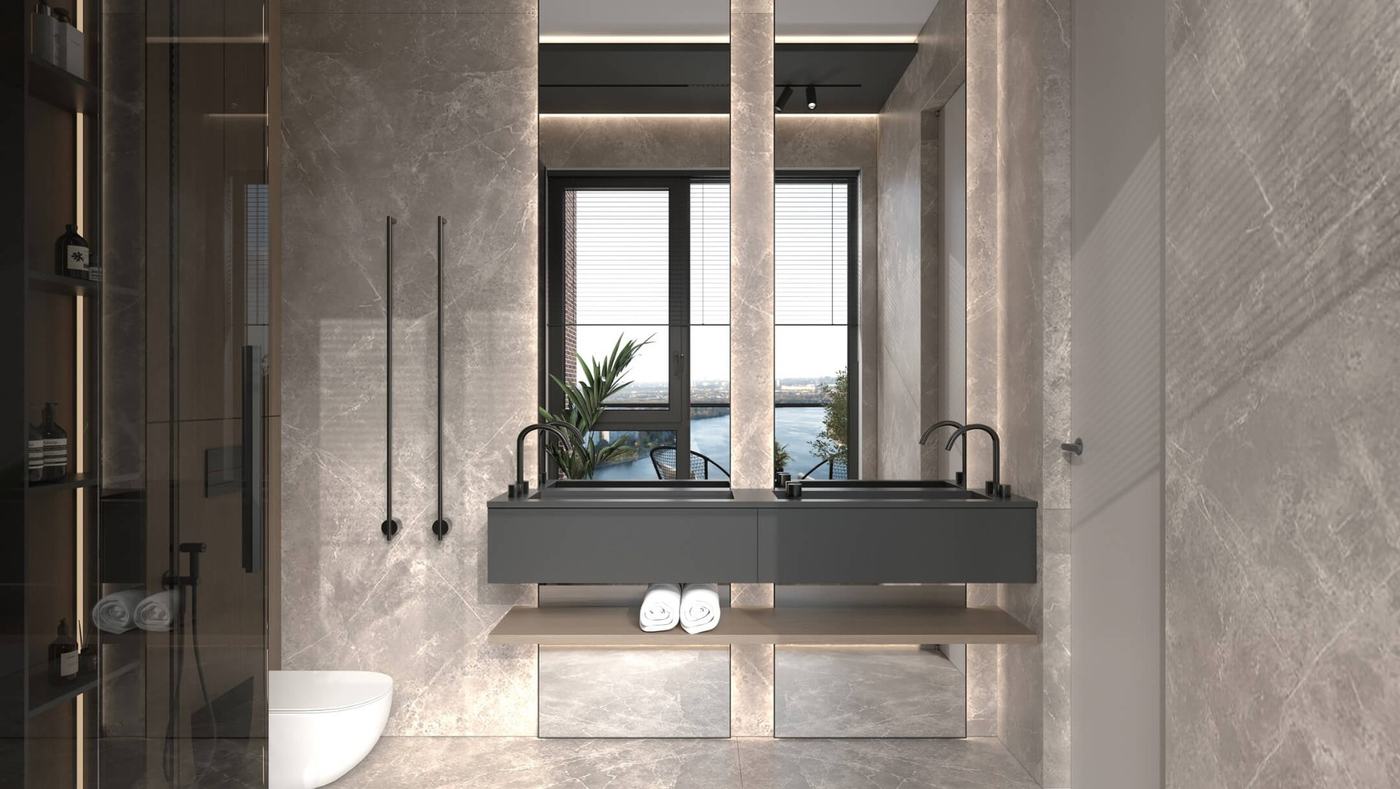 Ванная в квартире Portland с панорамным окном